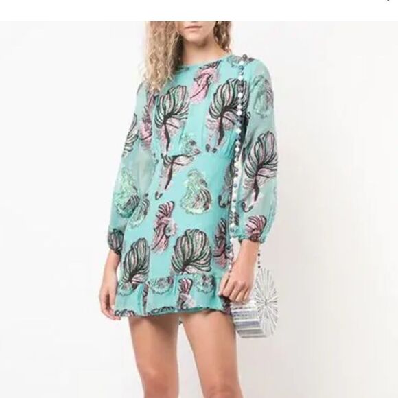 Cynthia Rowley INVERNESS METALLIC FISH BLOUSON-SLEEVE DRESS IN GREEN METALLIC - Picture 1 of 8